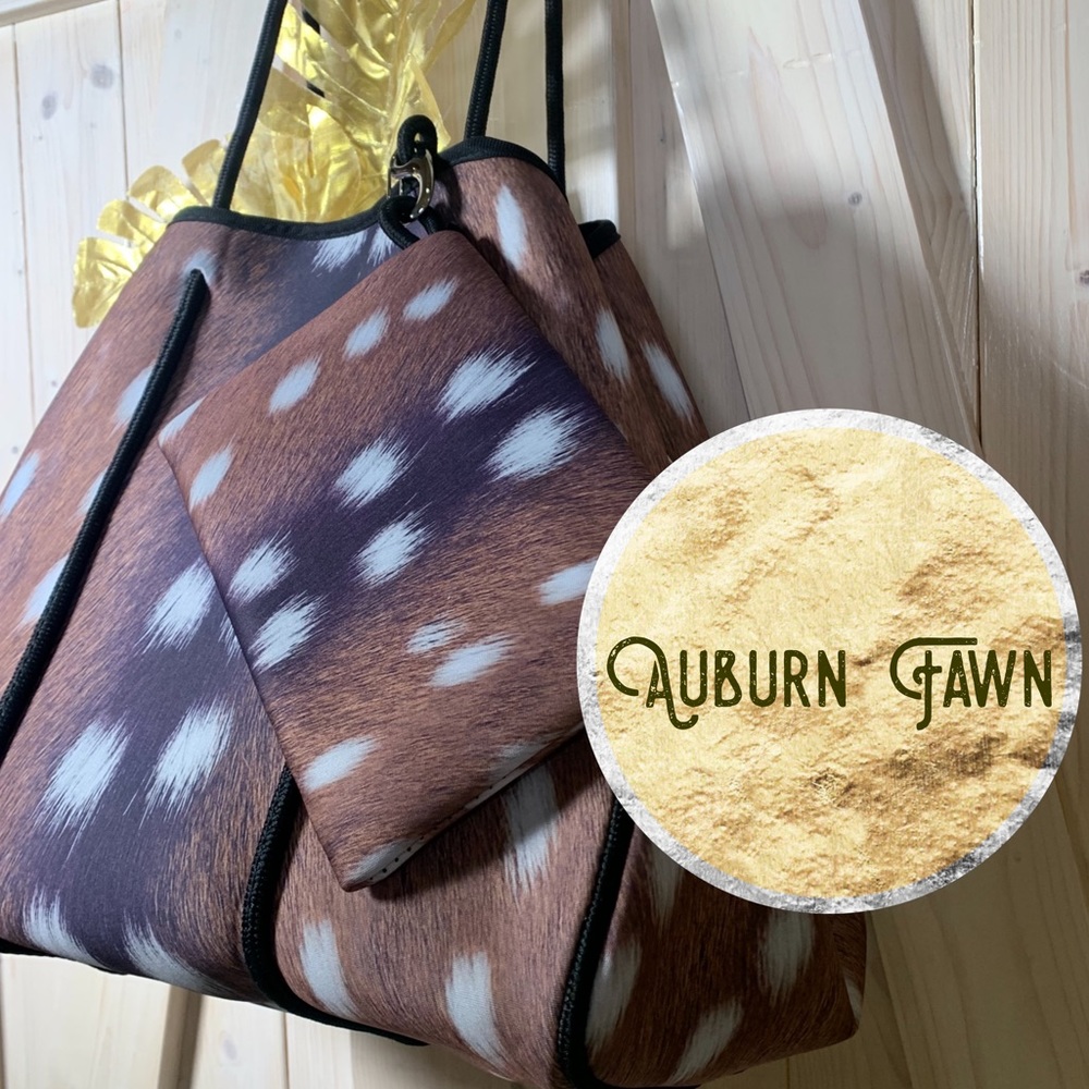 new Neoprene TOTE Bag Purse auburn fawn brown white deer specks orange interior